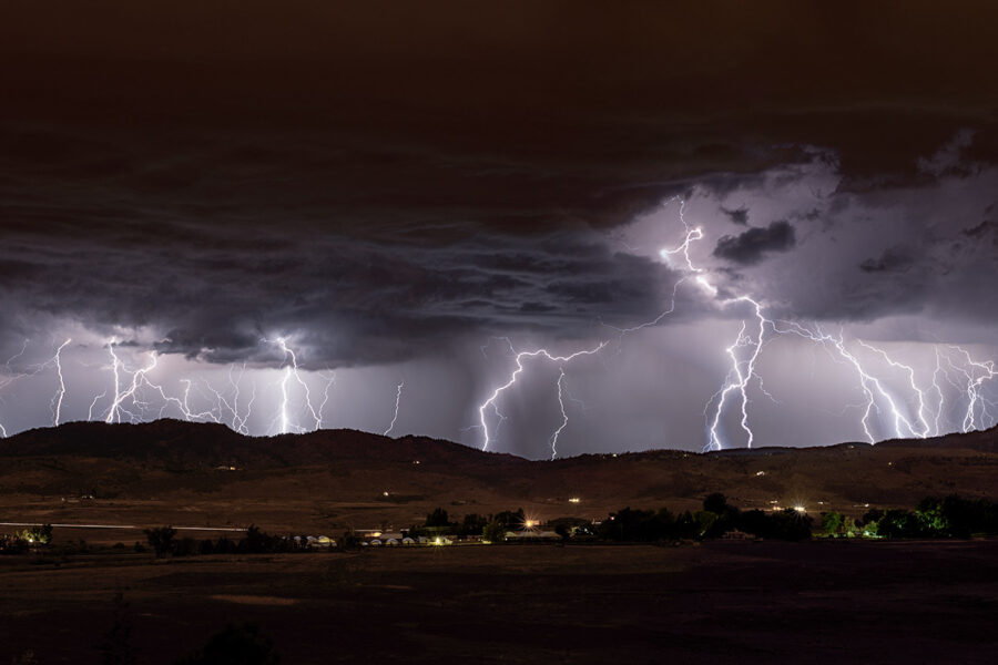 night photo of stacked lightning panoramic
