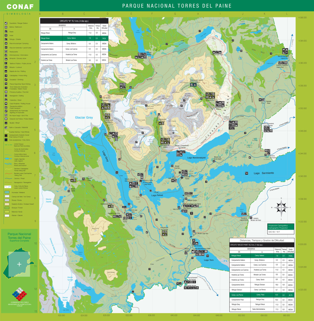 Full size Torres del Paine hiking map