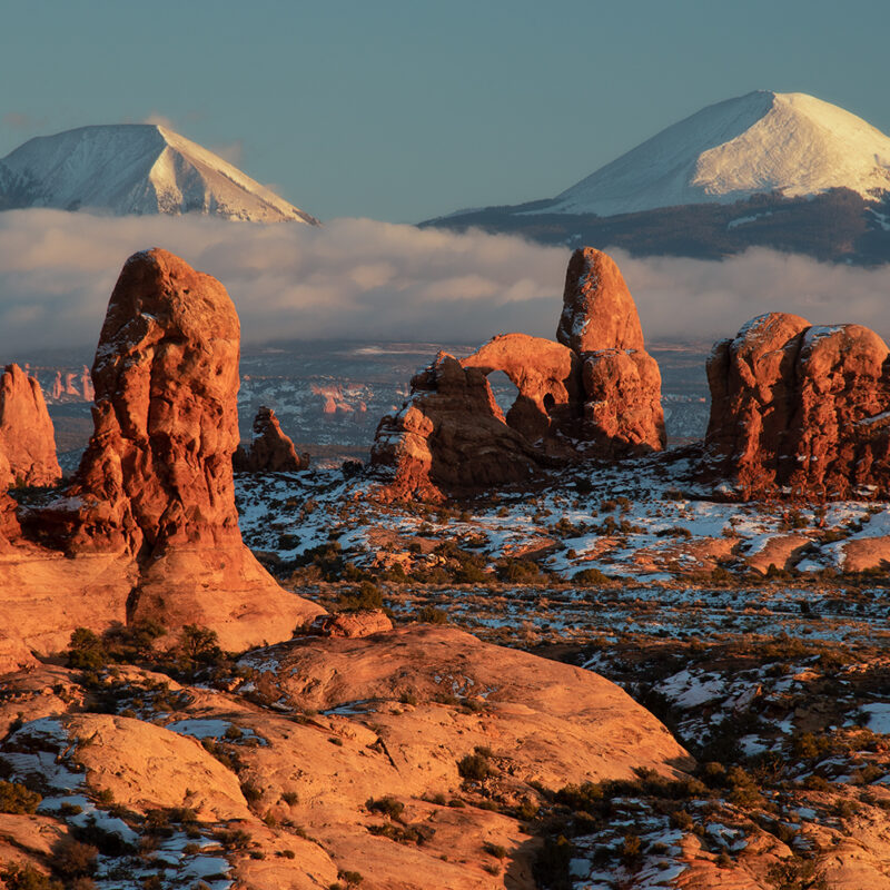 arches national park windows sunset winter snow photo