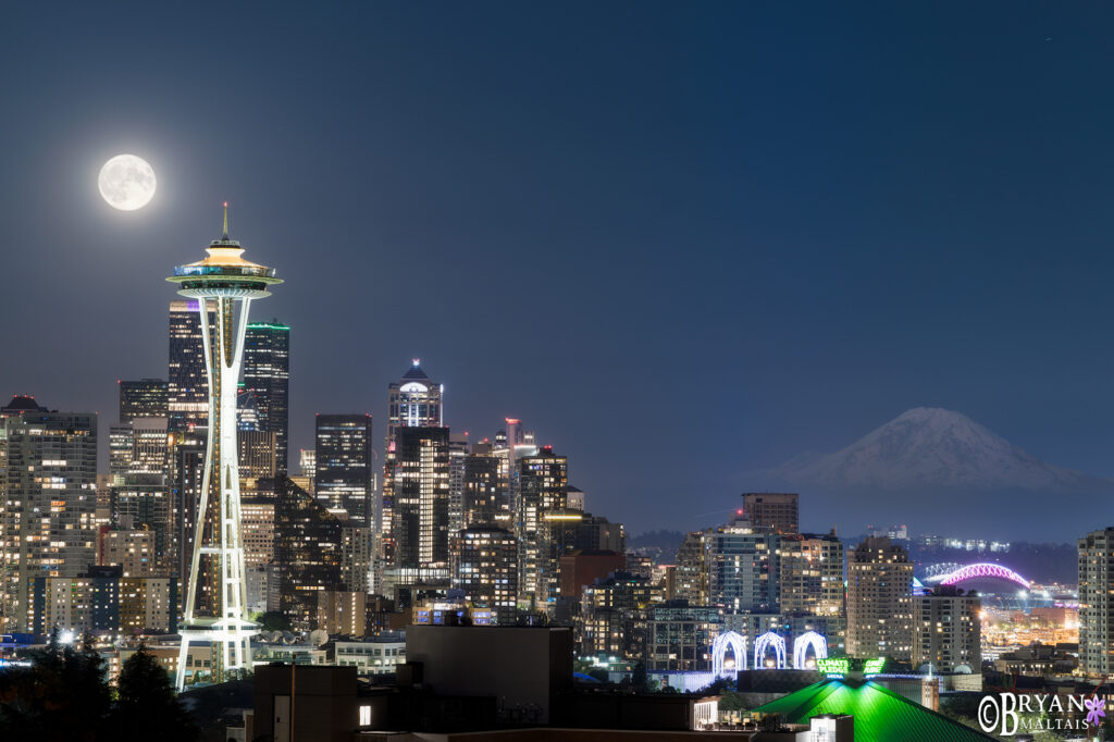 Seattle Skyline Full Supermoon Mt Rainier