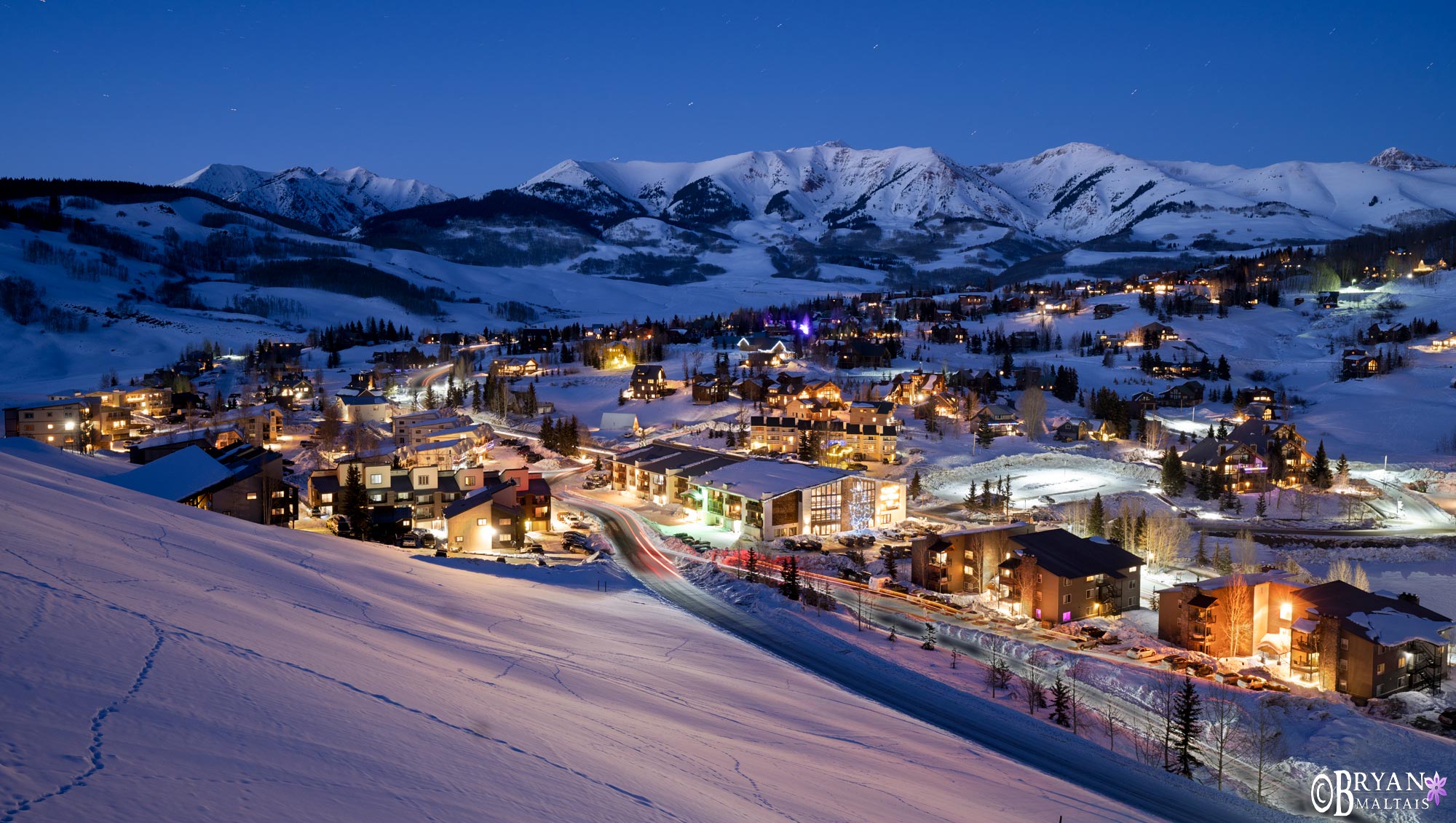 Mt cretsed butte ski village at night winter colorado photo print