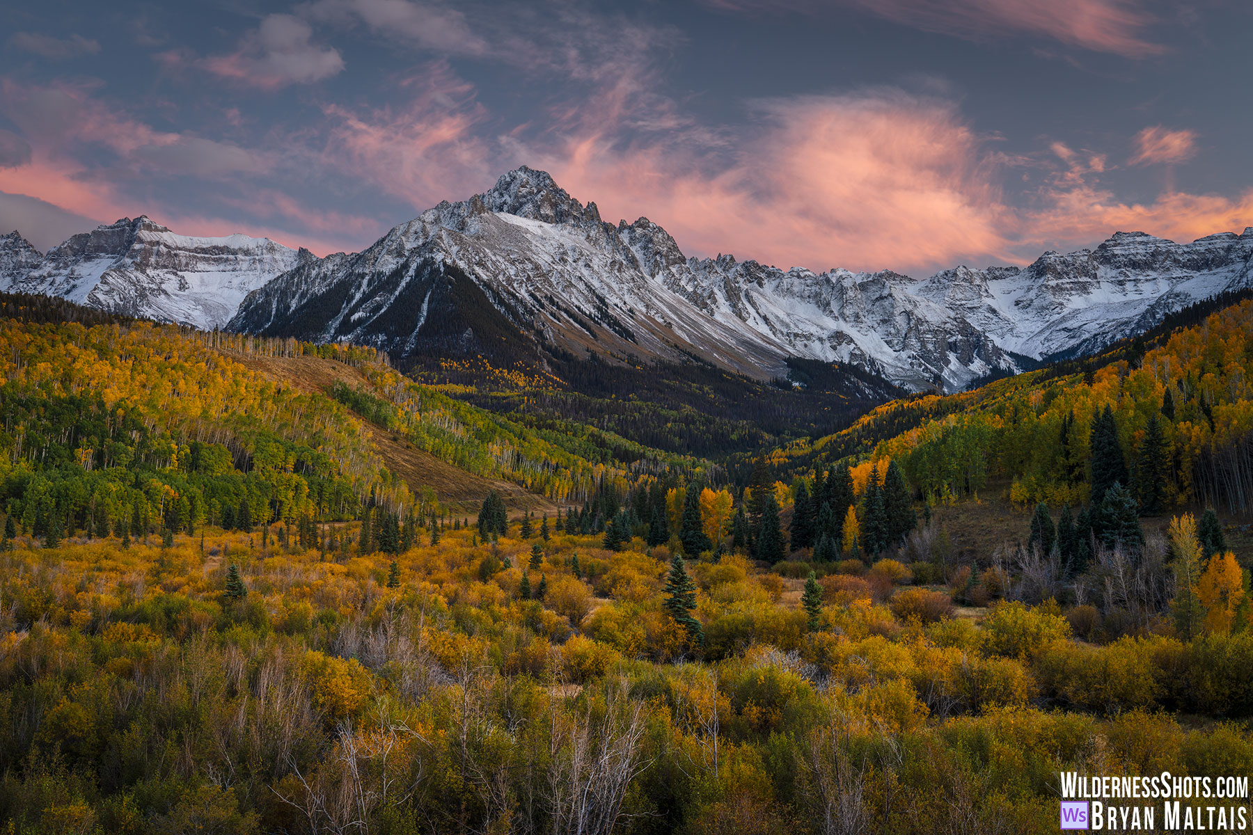 Mt-Sneffels-pink-afterglow-snow-fall-colors